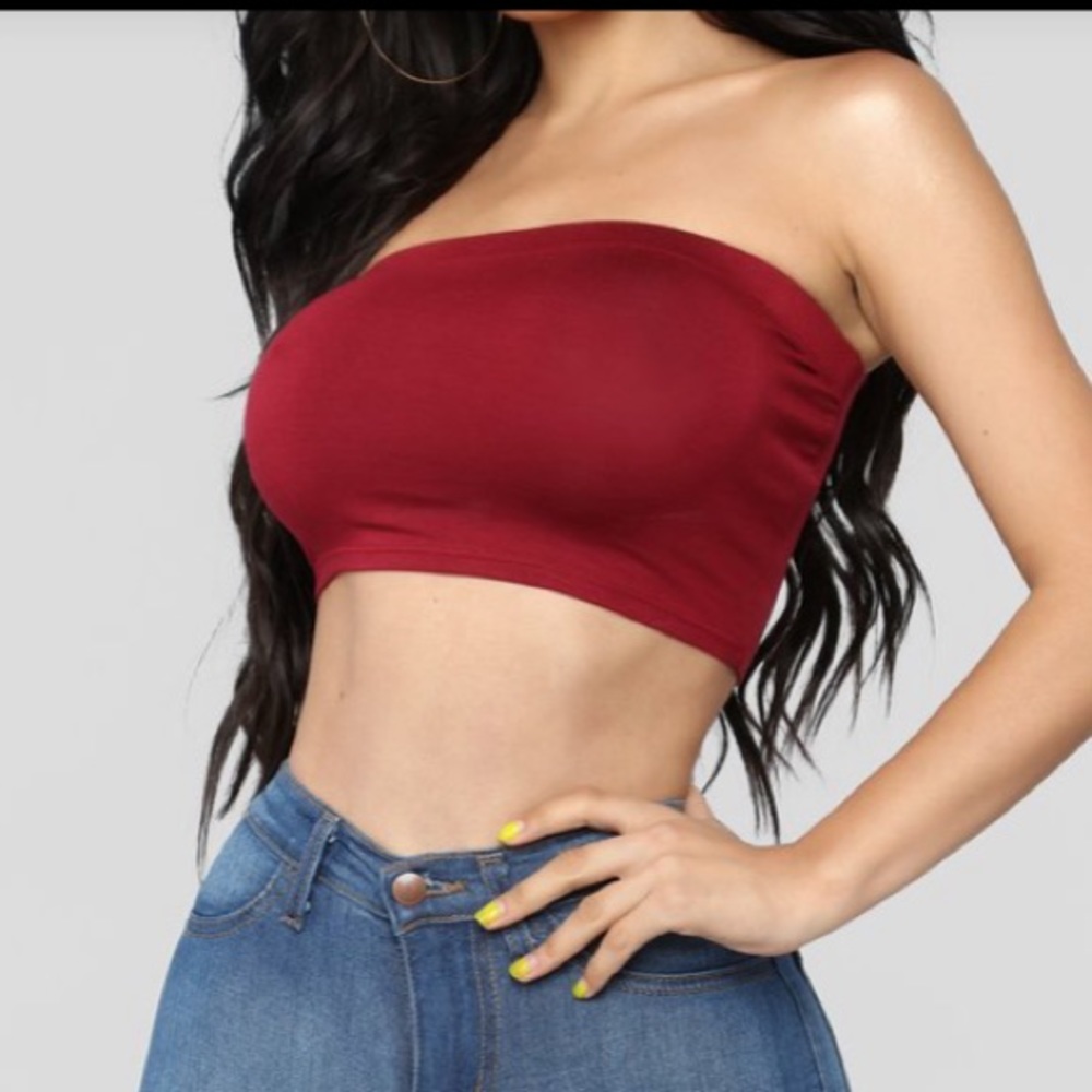 Burgundy Fashion Nova tube top.